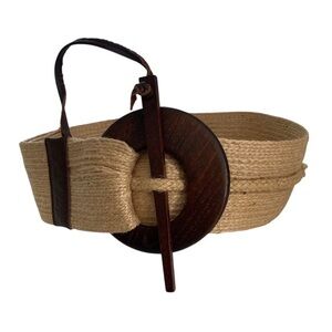 Unique Classic Tan and Brown Leather detail Belt with Raphia Woven Design